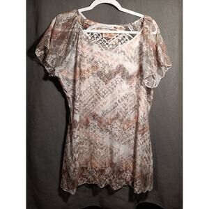 Keren Hart XL Made in USA 90s Y2K Flowy Sheer Lacy Overlay Top Neutral Browns